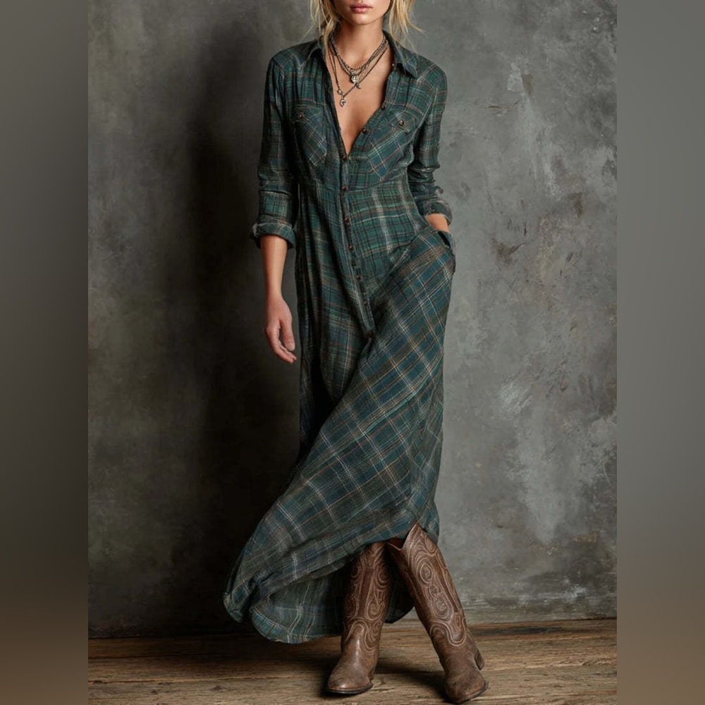 Plaid Button Front Maxi Shirt Dress